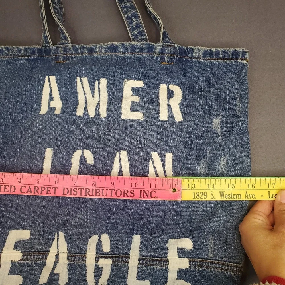 AMERICAN EAGLE Distressed Blue Jean Denim Shoulder Tote‎ Bag Logo Spellout